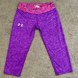 Under Armour UA Youth Girls Purple Pink Crop Athletic Leggings YLG Heat Gear